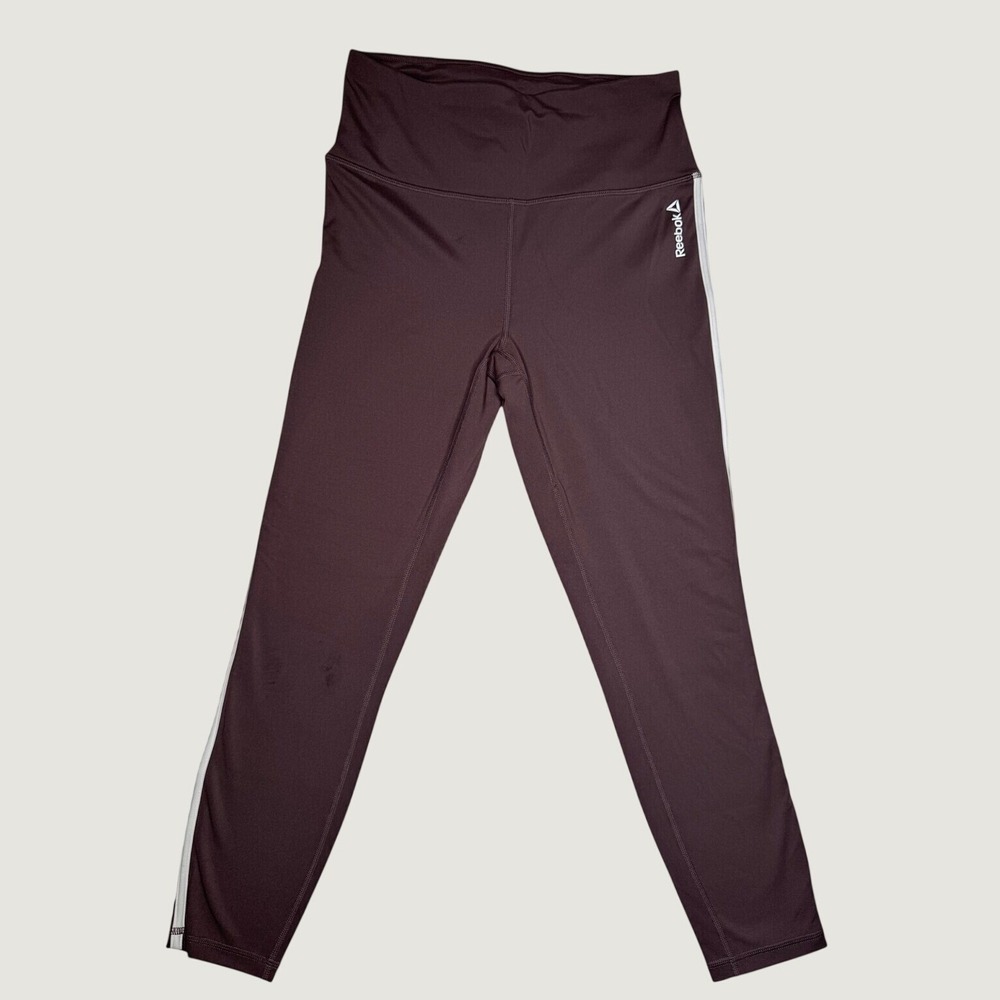 Reebok Womens High Waisted Leggings Plum Purple White Side Stripe Size Medium